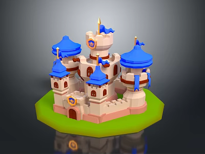 Colorful Medieval Castle Model With Blue Domes And Flags On Green Base 3d model