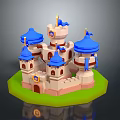 Colorful Medieval Castle Model With Blue Domes And Flags On Green Base