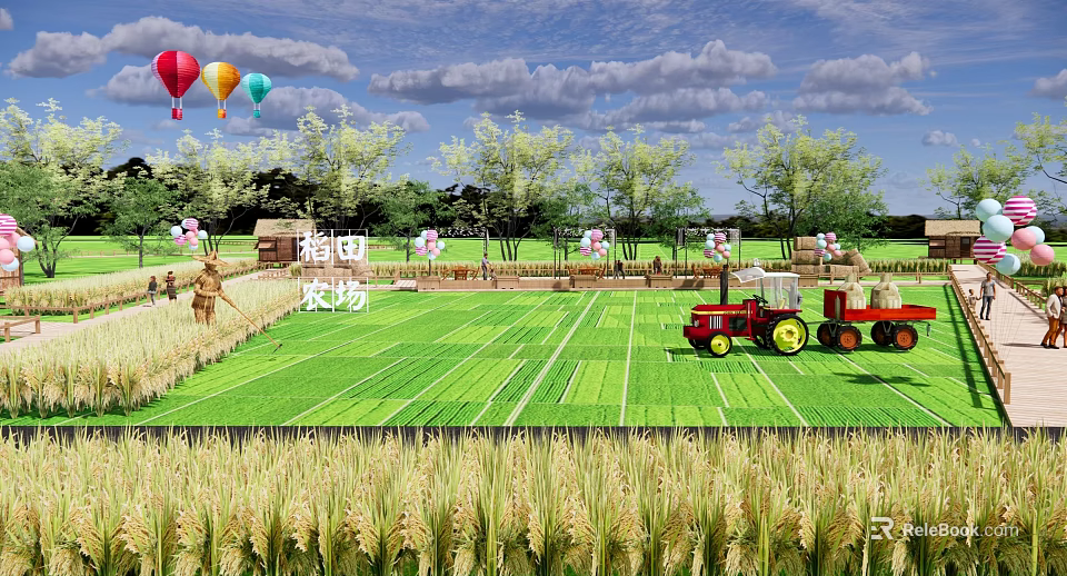 Rural Landscape With Lush Rice Fields Red Tractor Hot Air Balloons Scarecrow And Green Trees 3d model 