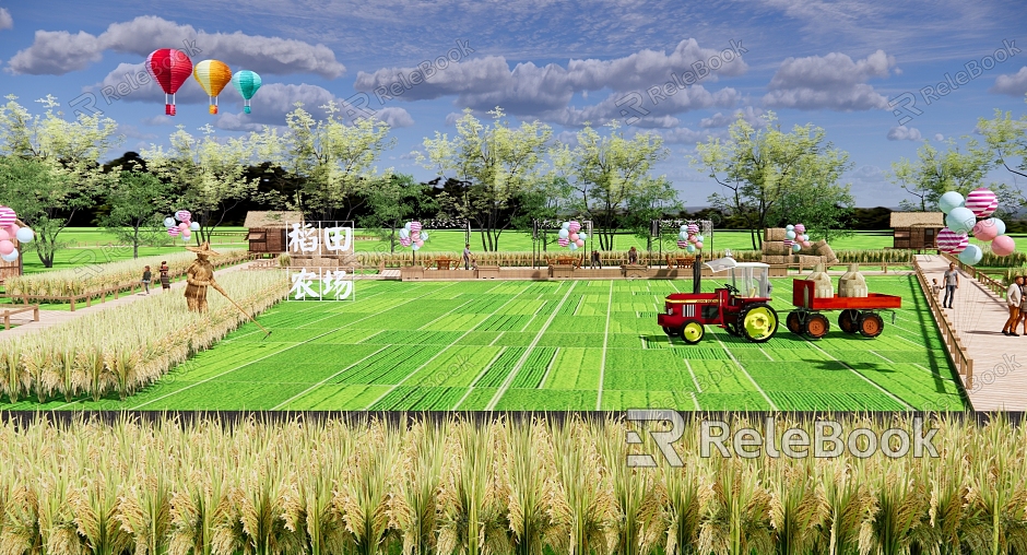 Modern Farm Beautiful Country Park Landscape Paddy Field Landscape Country Sub-Farm Picnic Art Farmland Plank Road model