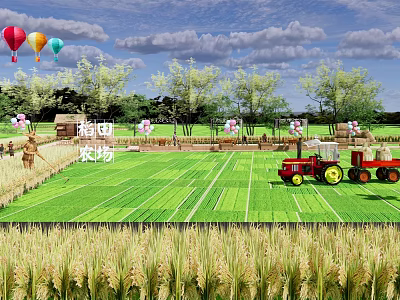 Rural Landscape With Lush Rice Fields Red Tractor Hot Air Balloons Scarecrow And Green Trees 3d model