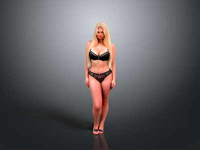 Blonde Woman in Black Lingerie Posing Full Length Against Gray Studio Background 3d model