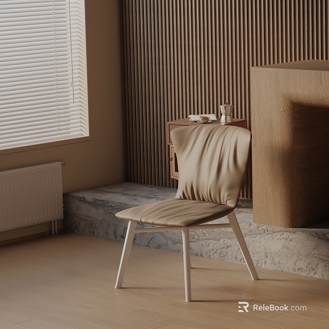 Modern Leisure Chair With Beige Fabric White Legs And Side Table By Window Blinds 3d model 