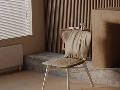 Modern Leisure Chair With Beige Fabric White Legs And Side Table By Window Blinds 3d model