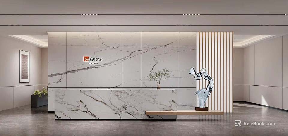 Modern Reception Desk With Marble Wall Sculpture And Green Plant 3d model 