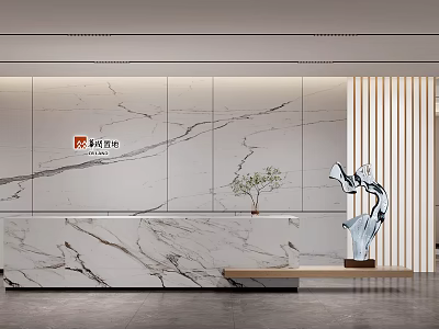 Modern Reception Desk With Marble Wall Sculpture And Green Plant 3d model