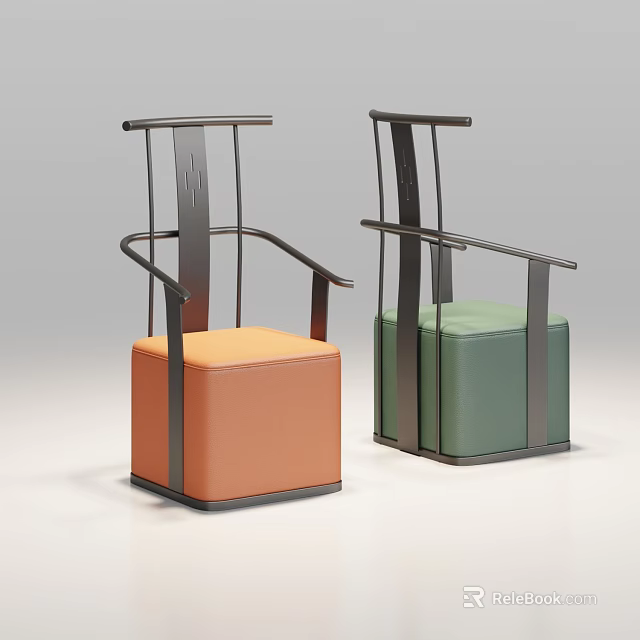 Modern Accent Chair With Metal Frame Square Seat Orange Green Upholstery 3d model 