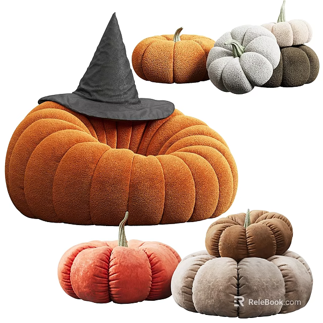 Pumpkin Shaped Bean Bag Chair in Various Colors with Witch Hat Decoration 3d model 