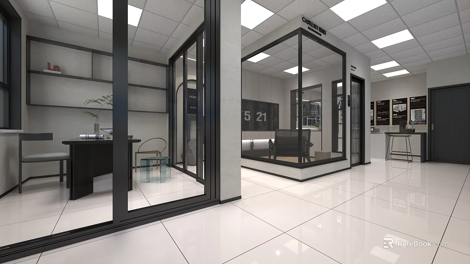 Modern Commercial Interior Space With Glass Partitions White Flooring And Display Shelves 3d model 