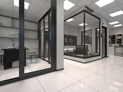 Modern Commercial Interior Space With Glass Partitions White Flooring And Display Shelves 3d model