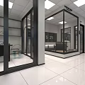 Modern Commercial Interior Space With Glass Partitions White Flooring And Display Shelves