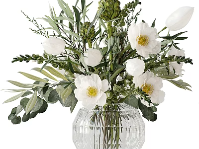 Elegant Glass Vase With White Flower Arrangement And Green Leaves 3d model