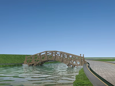 Wooden Arch Bridge Over Water With Green Grass And Paved Path Under Blue Sky 3d model