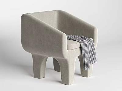 Modern Light Gray Upholstered Leisure Chair With Black And White Checkered Blanket And Unique Leg Design 3d model