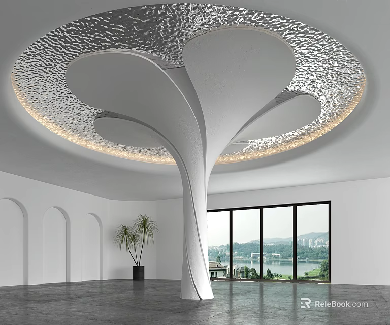 Modern Sculptural White Column In Interior With Silver Textured Ceiling And Lake View Windows 3d model