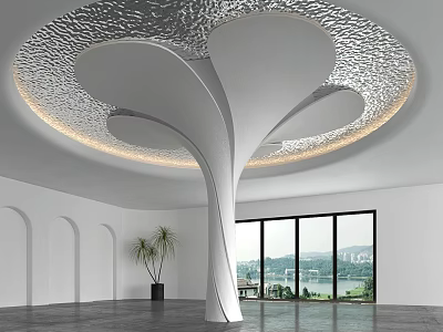 Modern Sculptural White Column In Interior With Silver Textured Ceiling And Lake View Windows 3d model