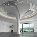Modern Sculptural White Column In Interior With Silver Textured Ceiling And Lake View Windows 3d model