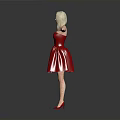Woman In Red Strapless Dress With Blonde Short Hair And Arms Outstretched In Gray Background