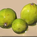 Three Fresh Green Limes With Natural Surface Spots On Light Background And Different Sizes