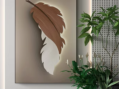Feather Shaped Wall Art With Lighting Effect And Indoor Green Plants 3d model