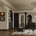 Elegant Living Room Interior With Chandelier Leather Sofa Bookshelves Rug And Potted Plant