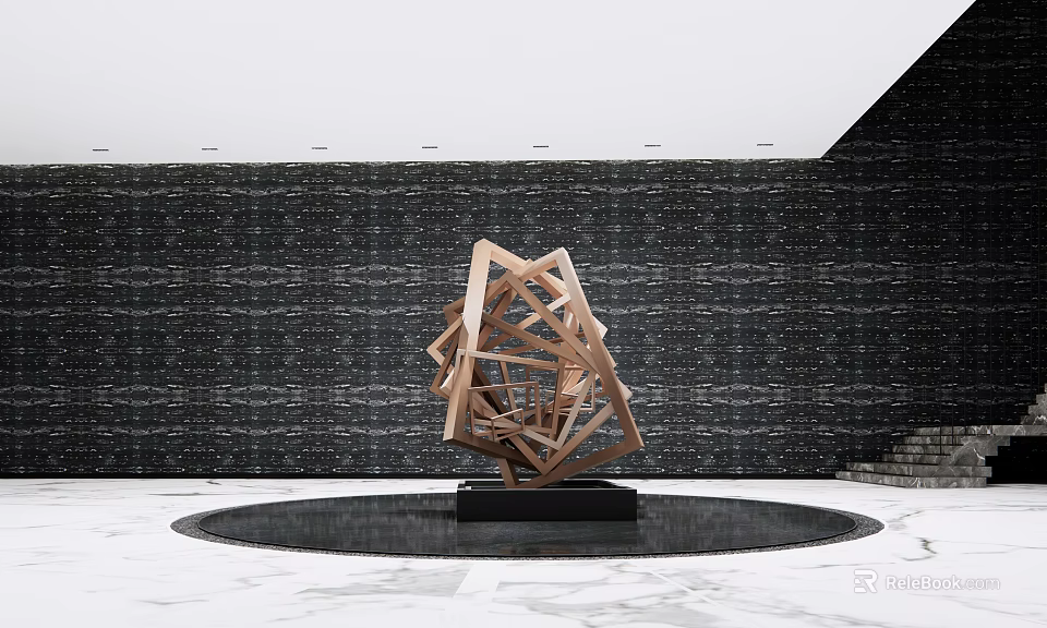 Modern Geometric Metallic Sculpture in Contemporary Space with Circular Water Pool and Black Wall 3d model 