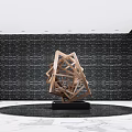 Modern Geometric Metallic Sculpture in Contemporary Space with Circular Water Pool and Black Wall