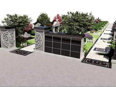 Traditional Courtyard Entrance With Decorative Gate Stone Pillars Pathway And Greenery 3d model