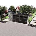 Traditional Courtyard Entrance With Decorative Gate Stone Pillars Pathway And Greenery