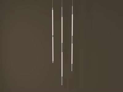 Three Vertically Hanging Long Pendant Lights With White Body Metal Accents Dark Brown Background 3d model