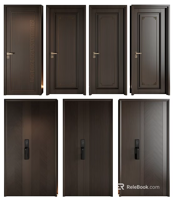 Dark Colored Modern Doors With Various Panel Patterns And Metal Handles 3d model