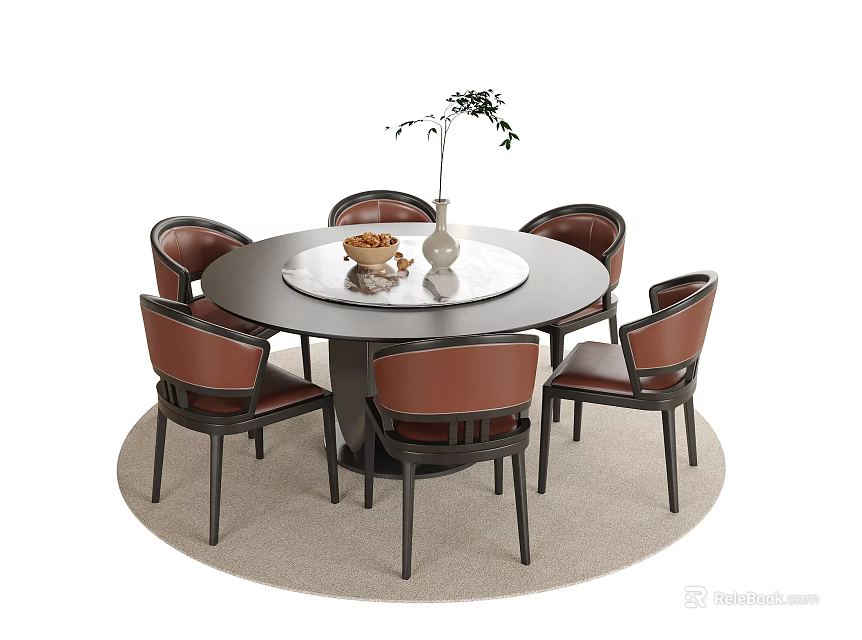 Modern Round Dining Table Set with Six Brown Leather Chairs and Decorative Vase 3d model