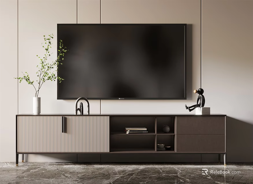 Modern TV Stand With Vase Green Plant Figurine Drawers Open Shelves And Books 3d model 