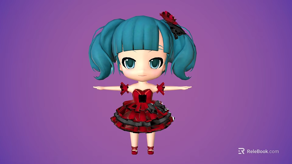 Cartoon Girl With Teal Pigtails Red Bow And Red Black Dress On Purple Background 3d model 