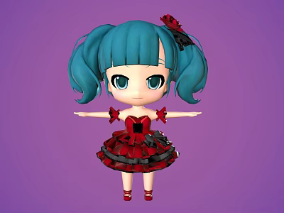 Cartoon Girl With Teal Pigtails Red Bow And Red Black Dress On Purple Background 3d model