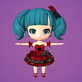 Cartoon Girl With Teal Pigtails Red Bow And Red Black Dress On Purple Background