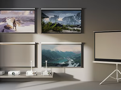 Projection Monitoring Setup With Multiple Screens Displaying Scenic Views and Projector 3d model