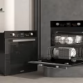 Modern Black Kitchen Appliances Oven And Open Door Dishwasher With Dishes