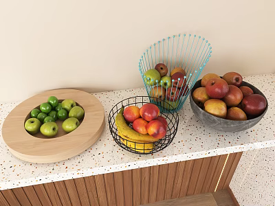 Green Apples Bananas Peaches in Wire Baskets Wooden Tray and Grey Bowl on Kitchen Countertop 3d model
