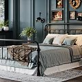 Classic Double Bed with Dark Metal Headboard Blue Bedspread White Pillows Gray Throw and Navy Blue Walls