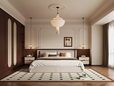 Elegant Bedroom Interior Design With White Bed Wooden Furniture Pendant Lamp And Black White Rug 3d model
