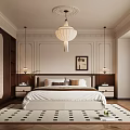 Elegant Bedroom Interior Design With White Bed Wooden Furniture Pendant Lamp And Black White Rug