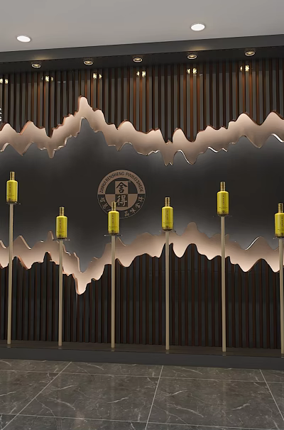 Modern Retail Display Shelves With Wave Design And Yellow Decorative Lights On Wooden Slat Background 3d model