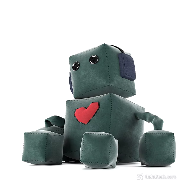 Green Plush Robot Doll with Blue Ears Red Heart on Chest and Black Eyes 3d model 