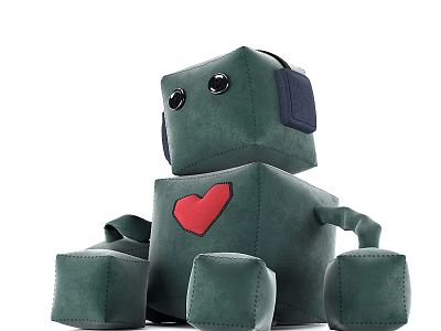 Green Plush Robot Doll with Blue Ears Red Heart on Chest and Black Eyes 3d model
