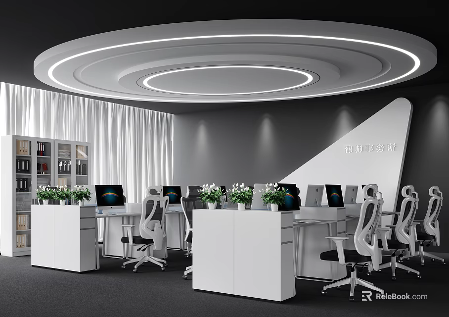 Modern Public Office Space Interior With Open Layout Desks Computers And Green Plants 3d model 