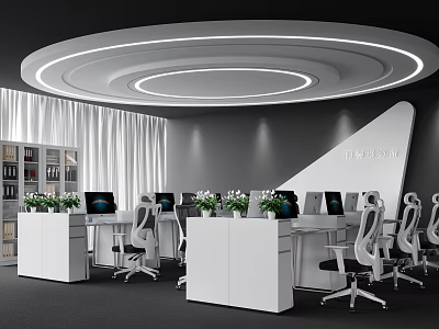 Modern Public Office Space Interior With Open Layout Desks Computers And Green Plants 3d model