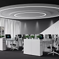 Modern Public Office Space Interior With Open Layout Desks Computers And Green Plants 3d model