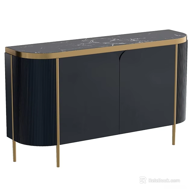 Elegant Modern Console Cabinet With Black Body Marble Top And Golden Trim Legs 3d model 