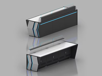 Modern Reception Counter Design With Black White Finish And Blue Accent Lines 3d model